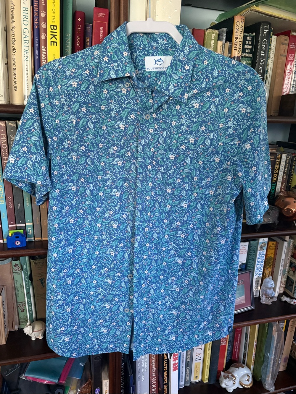 Southern Tide Teal Blue Floral Short-Sleeve Button-Down Shirt